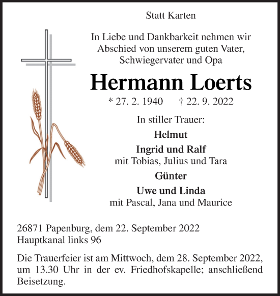 Traueranzeige von Hermann Loerts von Neue Osnabrücker Zeitung GmbH & Co. KG
