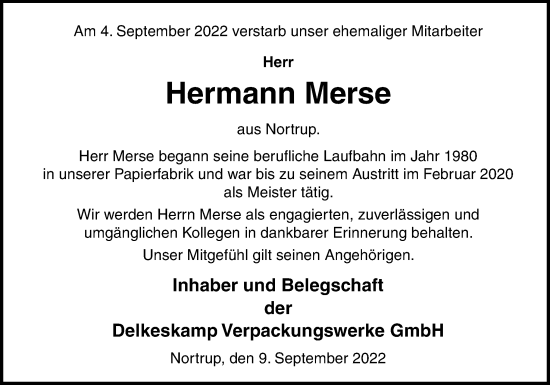 Traueranzeige von Hermann Merse von Neue Osnabrücker Zeitung GmbH & Co. KG