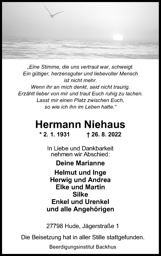 Traueranzeige von Hermann Niehaus von DK Medien GmbH & Co. KG