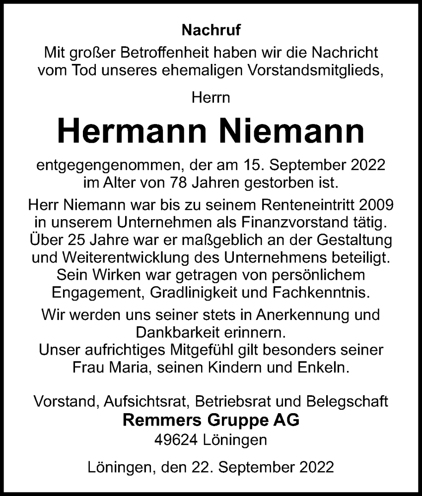  Traueranzeige für Hermann Niemann vom 22.09.2022 aus Neue Osnabrücker Zeitung GmbH & Co. KG