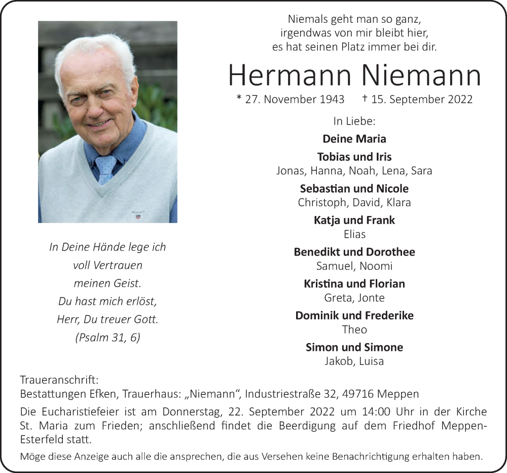  Traueranzeige für Hermann Niemann vom 19.09.2022 aus Neue Osnabrücker Zeitung GmbH & Co. KG