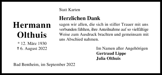 Traueranzeige von Hermann Olthuis von Neue Osnabrücker Zeitung GmbH & Co. KG