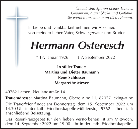 Traueranzeige von Hermann Osteresch von Neue Osnabrücker Zeitung GmbH & Co. KG