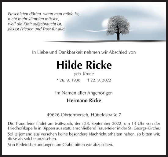 Traueranzeige von Hilde Ricke von Neue Osnabrücker Zeitung GmbH & Co. KG