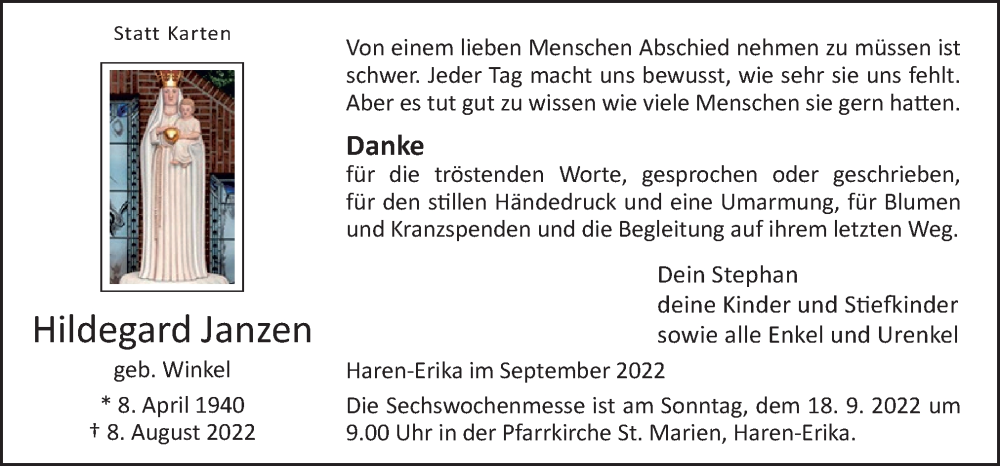  Traueranzeige für Hildegard Janzen vom 13.09.2022 aus Neue Osnabrücker Zeitung GmbH & Co. KG