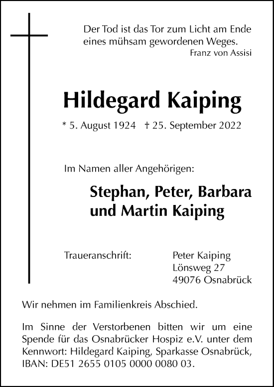 Traueranzeige von Hildegard Kaiping von Neue Osnabrücker Zeitung GmbH & Co. KG