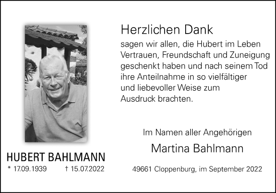 Traueranzeige von Hubert Bahlmann von Neue Osnabrücker Zeitung GmbH & Co. KG