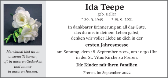 Traueranzeige von Ida Teepe von Neue Osnabrücker Zeitung GmbH & Co. KG