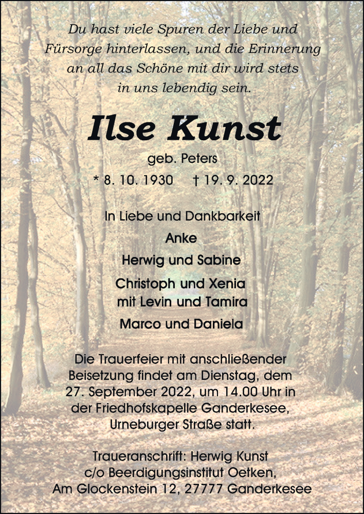  Traueranzeige für Ilse Kunst vom 22.09.2022 aus DK Medien GmbH & Co. KG