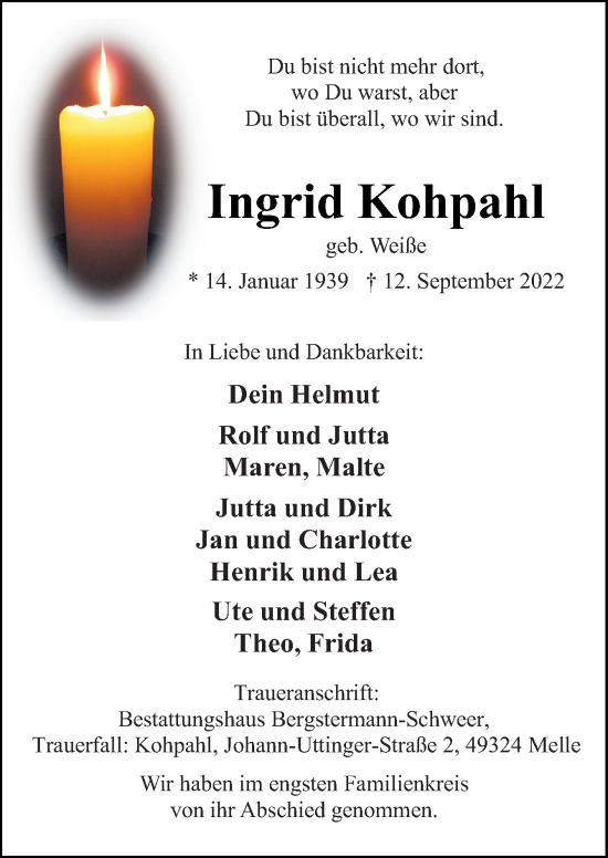 Traueranzeige von Ingrid Kohpahl von Neue Osnabrücker Zeitung GmbH & Co. KG