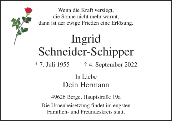 Traueranzeige von Ingrid Schneider-Schipper von Neue Osnabrücker Zeitung GmbH & Co. KG