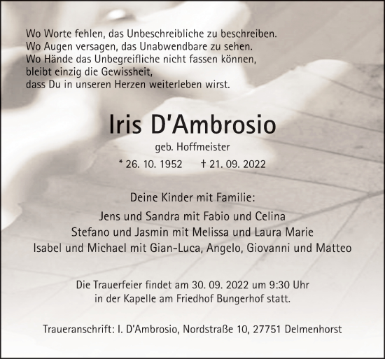 Traueranzeige von Iris D’Ambrosio von DK Medien GmbH & Co. KG