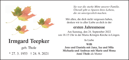 Traueranzeige von Irmgard Teepker von Neue Osnabrücker Zeitung GmbH & Co. KG