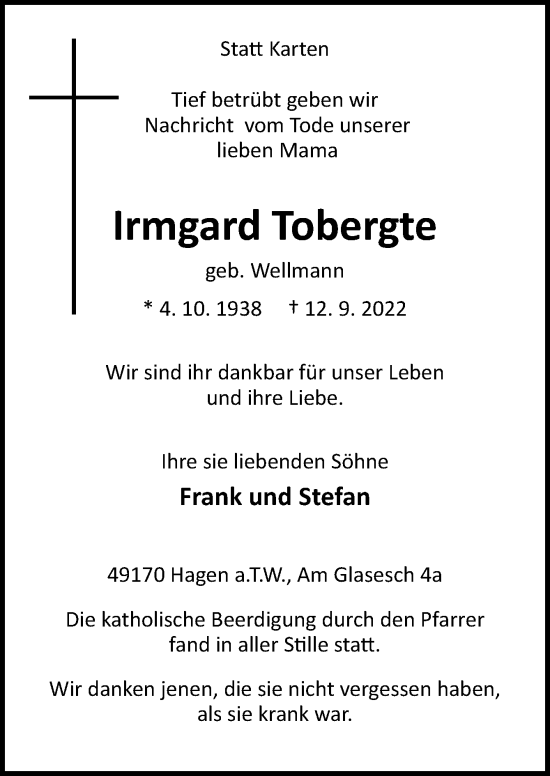 Traueranzeige von Irmgard Tobergte von Neue Osnabrücker Zeitung GmbH & Co. KG