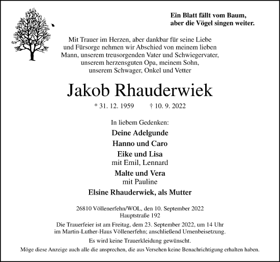 Traueranzeige von Jakob Rhauderwiek von Neue Osnabrücker Zeitung GmbH & Co. KG