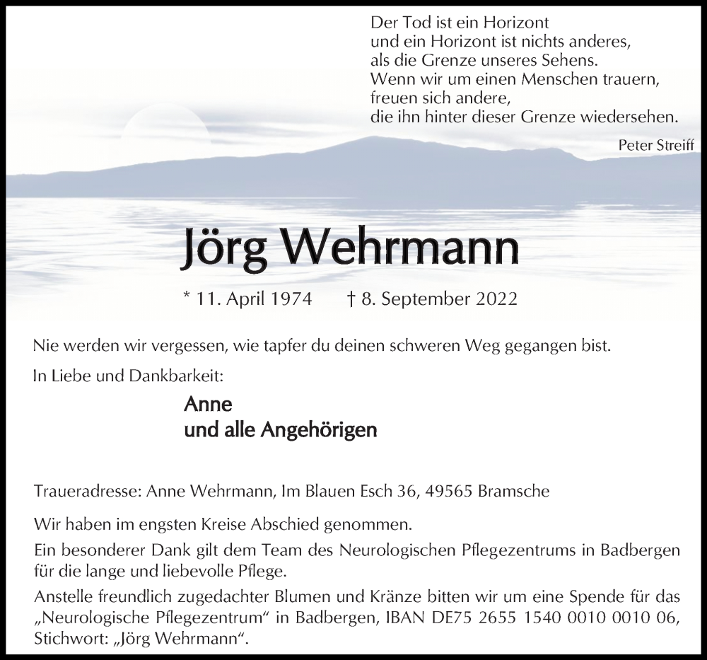  Traueranzeige für Jörg Wehrmann vom 17.09.2022 aus Neue Osnabrücker Zeitung GmbH & Co. KG