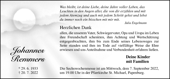 Traueranzeige von Johannes Remmers von Neue Osnabrücker Zeitung GmbH & Co. KG