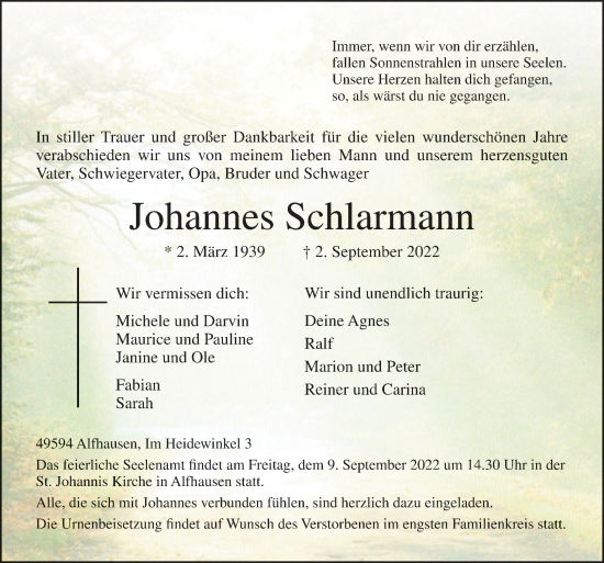 Traueranzeige von Johannes Schlarmann von Neue Osnabrücker Zeitung GmbH & Co. KG