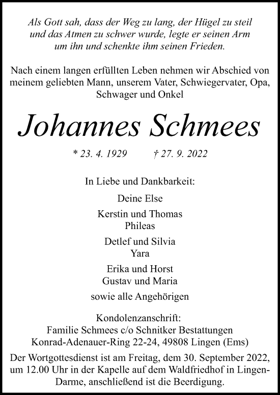 Traueranzeige von Johannes Schmees von Neue Osnabrücker Zeitung GmbH & Co. KG