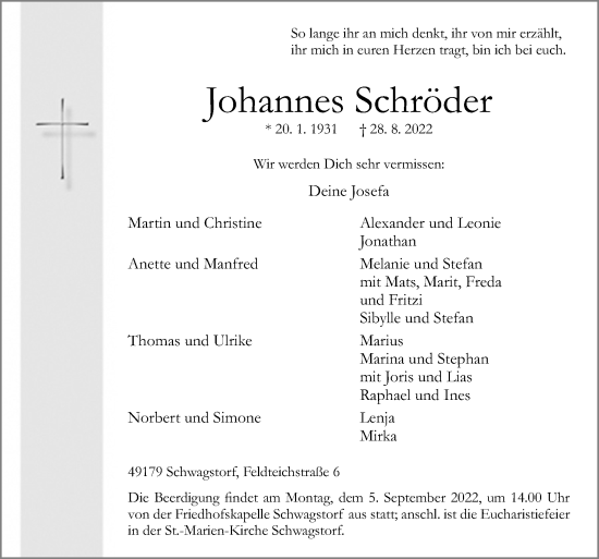 Traueranzeige von Johannes Schröder von Neue Osnabrücker Zeitung GmbH & Co. KG