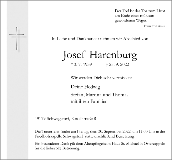 Traueranzeige von Josef Harenburg von Neue Osnabrücker Zeitung GmbH & Co. KG