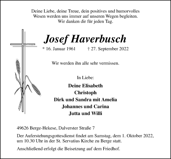 Traueranzeige von Josef Haverbusch von Neue Osnabrücker Zeitung GmbH & Co. KG