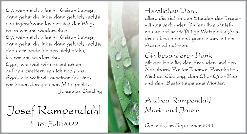  Traueranzeige für Josef Rampendahl vom 03.09.2022 aus Neue Osnabrücker Zeitung GmbH & Co. KG