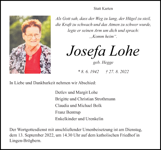 Traueranzeige von Josefa Lohe von Neue Osnabrücker Zeitung GmbH & Co. KG
