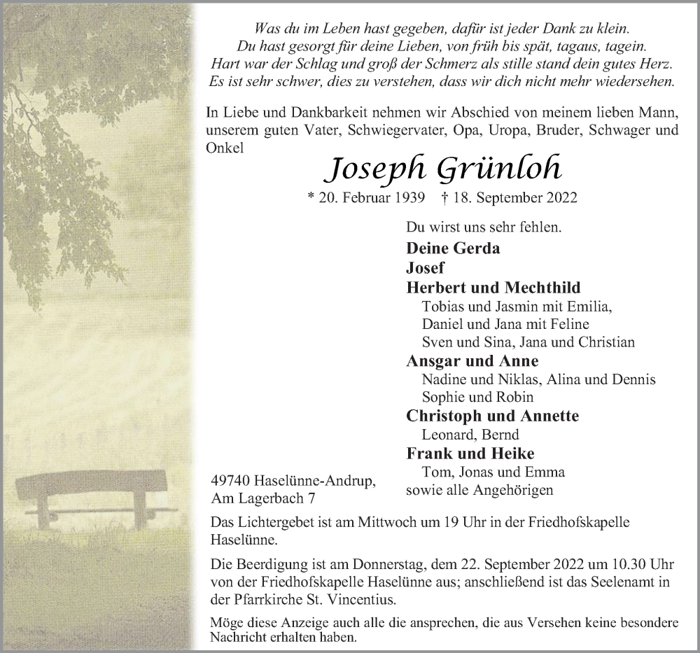  Traueranzeige für Joseph Grünloh vom 20.09.2022 aus Neue Osnabrücker Zeitung GmbH & Co. KG