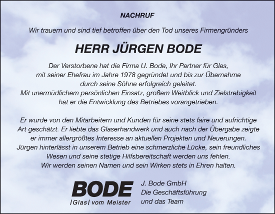 Traueranzeige von Jürgen Bode von Neue Osnabrücker Zeitung GmbH & Co. KG