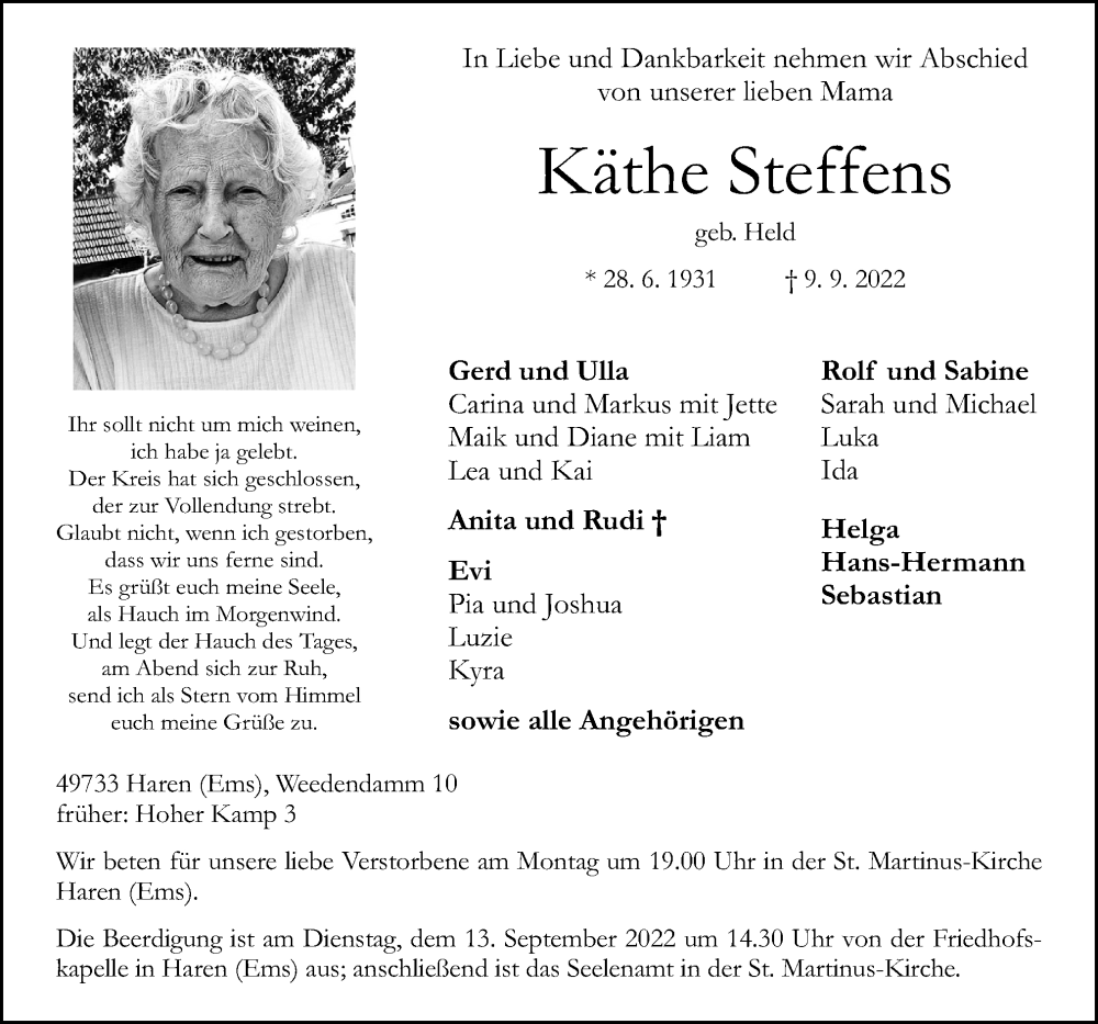  Traueranzeige für Käthe Steffens vom 10.09.2022 aus Neue Osnabrücker Zeitung GmbH & Co. KG