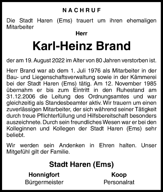 Traueranzeige von Karl-Heinz Brand von Neue Osnabrücker Zeitung GmbH & Co. KG