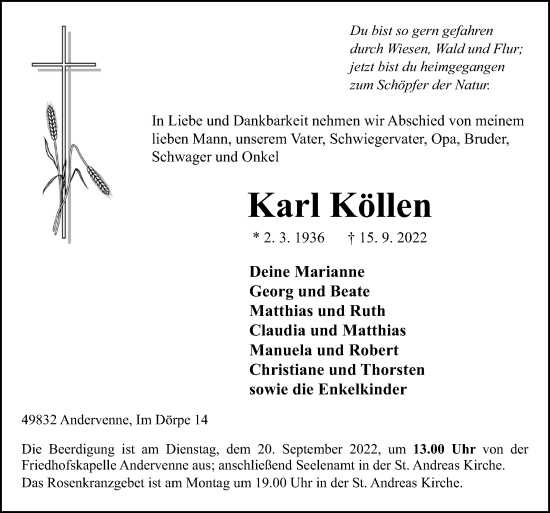 Traueranzeige von Karl Köllen von Neue Osnabrücker Zeitung GmbH & Co. KG