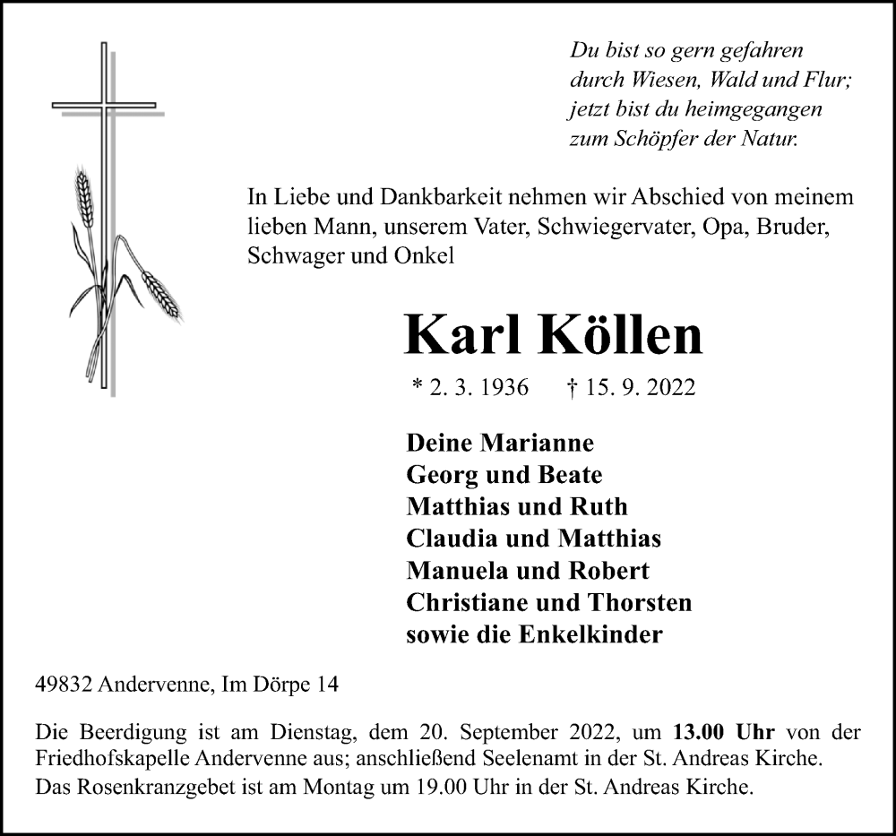  Traueranzeige für Karl Köllen vom 17.09.2022 aus Neue Osnabrücker Zeitung GmbH & Co. KG