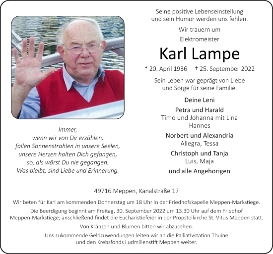 Traueranzeige von Karl Lampe von Neue Osnabrücker Zeitung GmbH & Co. KG