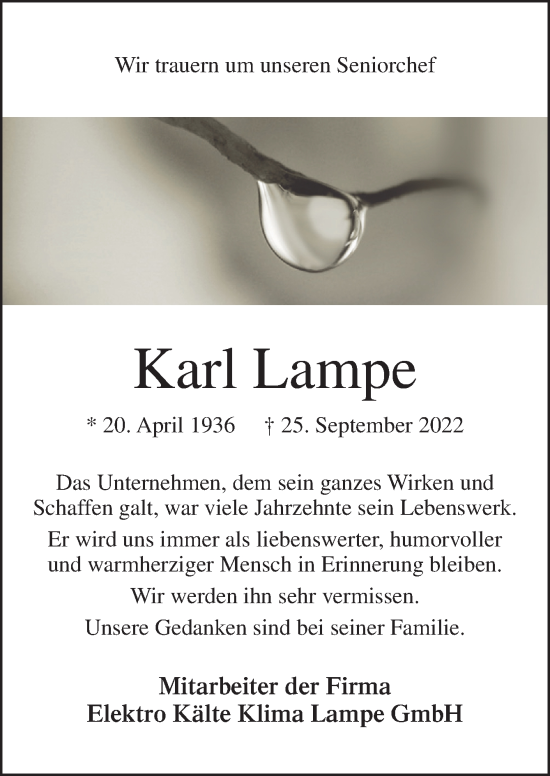 Traueranzeige von Karl Lampe von Neue Osnabrücker Zeitung GmbH & Co. KG