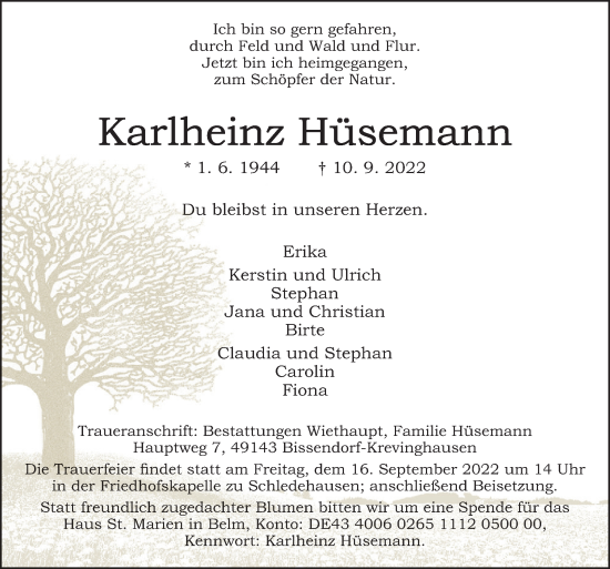 Traueranzeige von Karlheinz Hüsemann von Neue Osnabrücker Zeitung GmbH & Co. KG