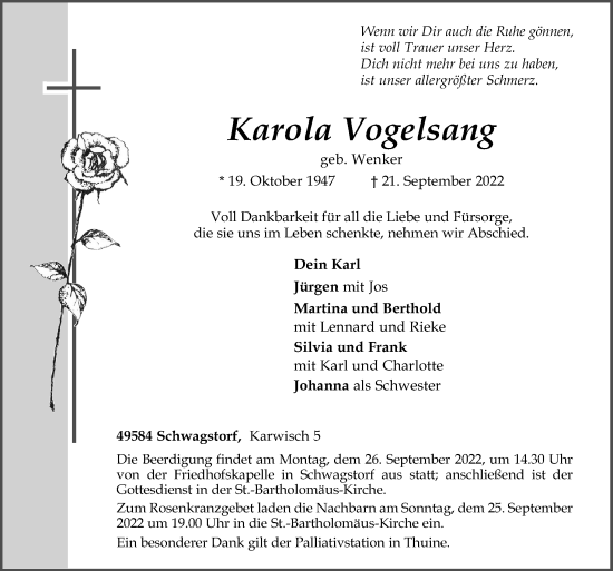 Traueranzeige von Karola Vogelsang von Neue Osnabrücker Zeitung GmbH & Co. KG