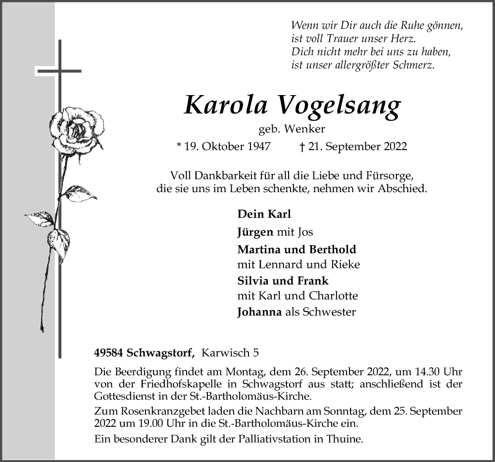  Traueranzeige für Karola Vogelsang vom 23.09.2022 aus Neue Osnabrücker Zeitung GmbH & Co. KG