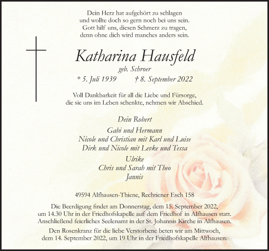 Traueranzeige von Katharina Hausfeld von Neue Osnabrücker Zeitung GmbH & Co. KG