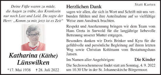 Traueranzeige von Katharina Lünswilken von Neue Osnabrücker Zeitung GmbH & Co. KG