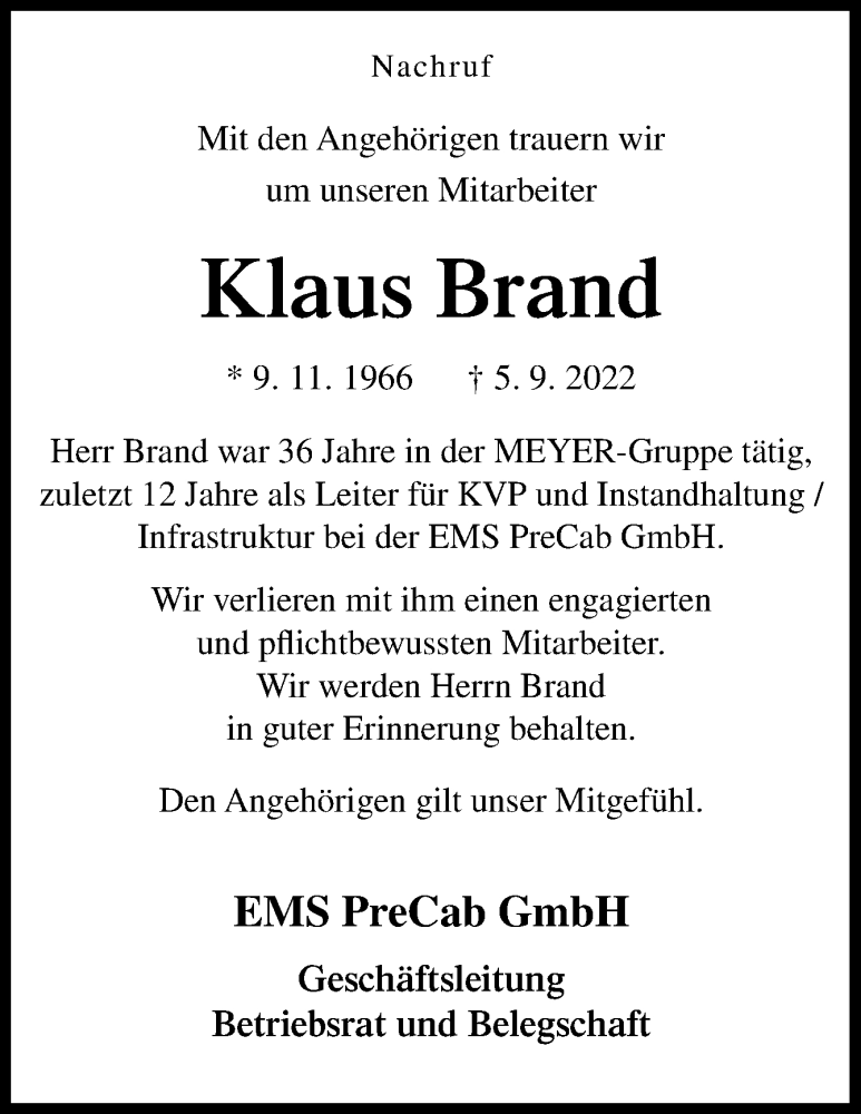  Traueranzeige für Klaus Brand vom 10.09.2022 aus Neue Osnabrücker Zeitung GmbH & Co. KG