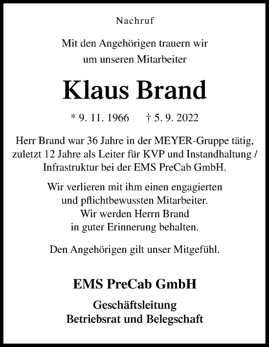 Traueranzeige von Klaus Brand von Neue Osnabrücker Zeitung GmbH & Co. KG