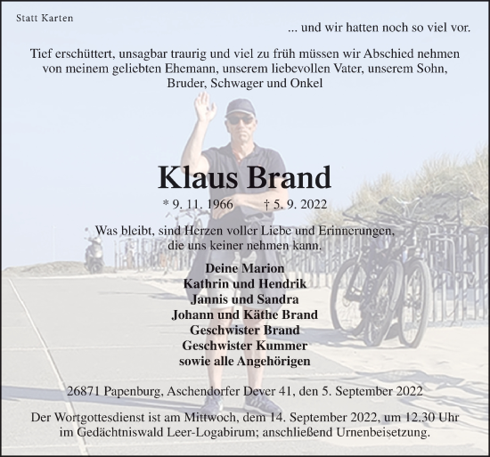 Traueranzeige von Klaus Brand von Neue Osnabrücker Zeitung GmbH & Co. KG