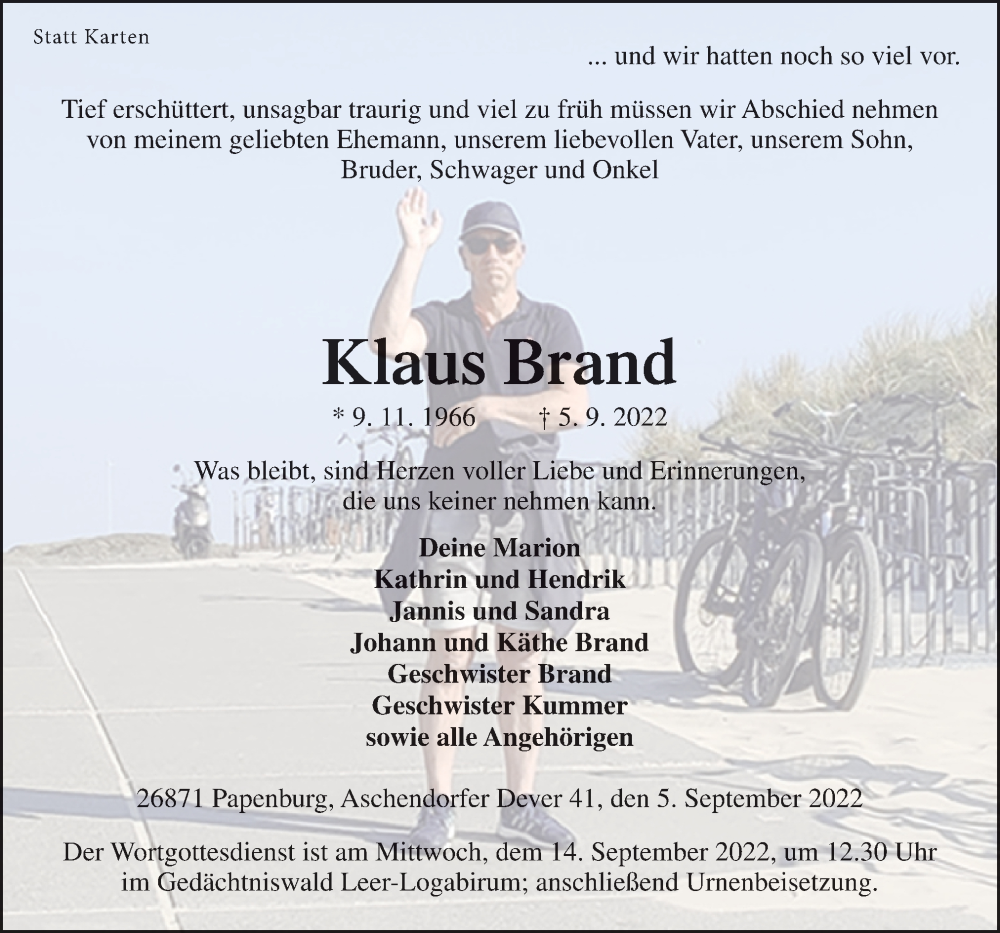  Traueranzeige für Klaus Brand vom 08.09.2022 aus Neue Osnabrücker Zeitung GmbH & Co. KG