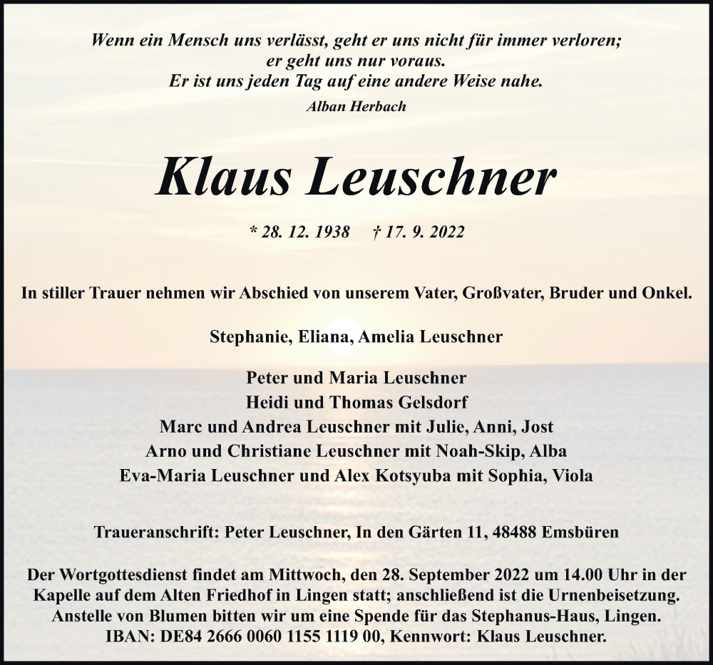 Traueranzeigen von Klaus Leuschner noz Trauerportal