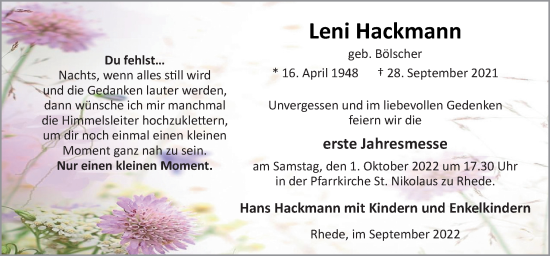 Traueranzeige von Leni Hackmann von Neue Osnabrücker Zeitung GmbH & Co. KG