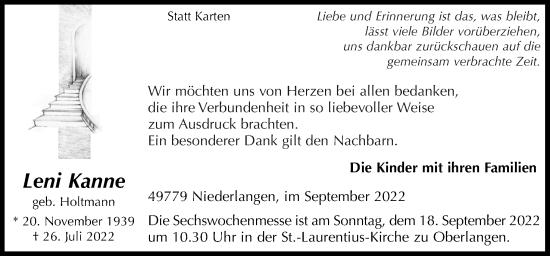 Traueranzeige von Leni Kanne von Neue Osnabrücker Zeitung GmbH & Co. KG