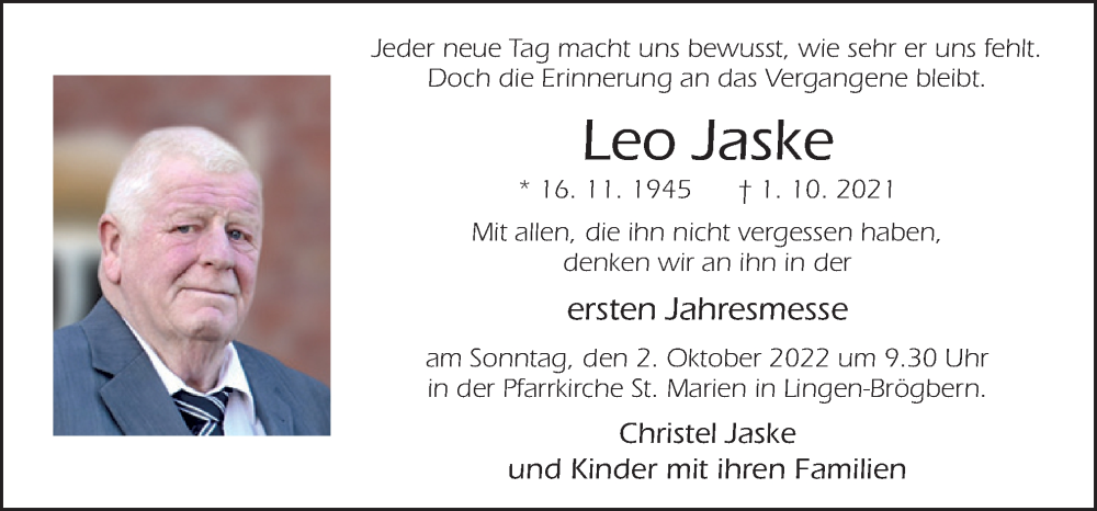  Traueranzeige für Leo Jaske vom 28.09.2022 aus Neue Osnabrücker Zeitung GmbH & Co. KG