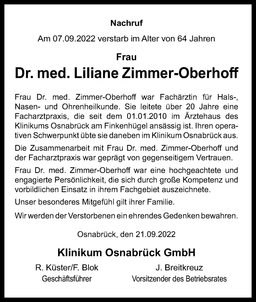  Traueranzeige für Liliane Zimmer-Oberhoff vom 24.09.2022 aus Neue Osnabrücker Zeitung GmbH & Co. KG